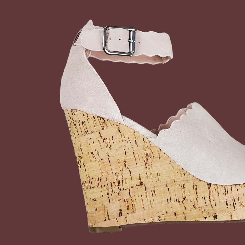 Marc Fisher Hayo Light Pink Scallop Suede Leather Cork Wedge Sandals Size 7.5 - Picture 9 of 13